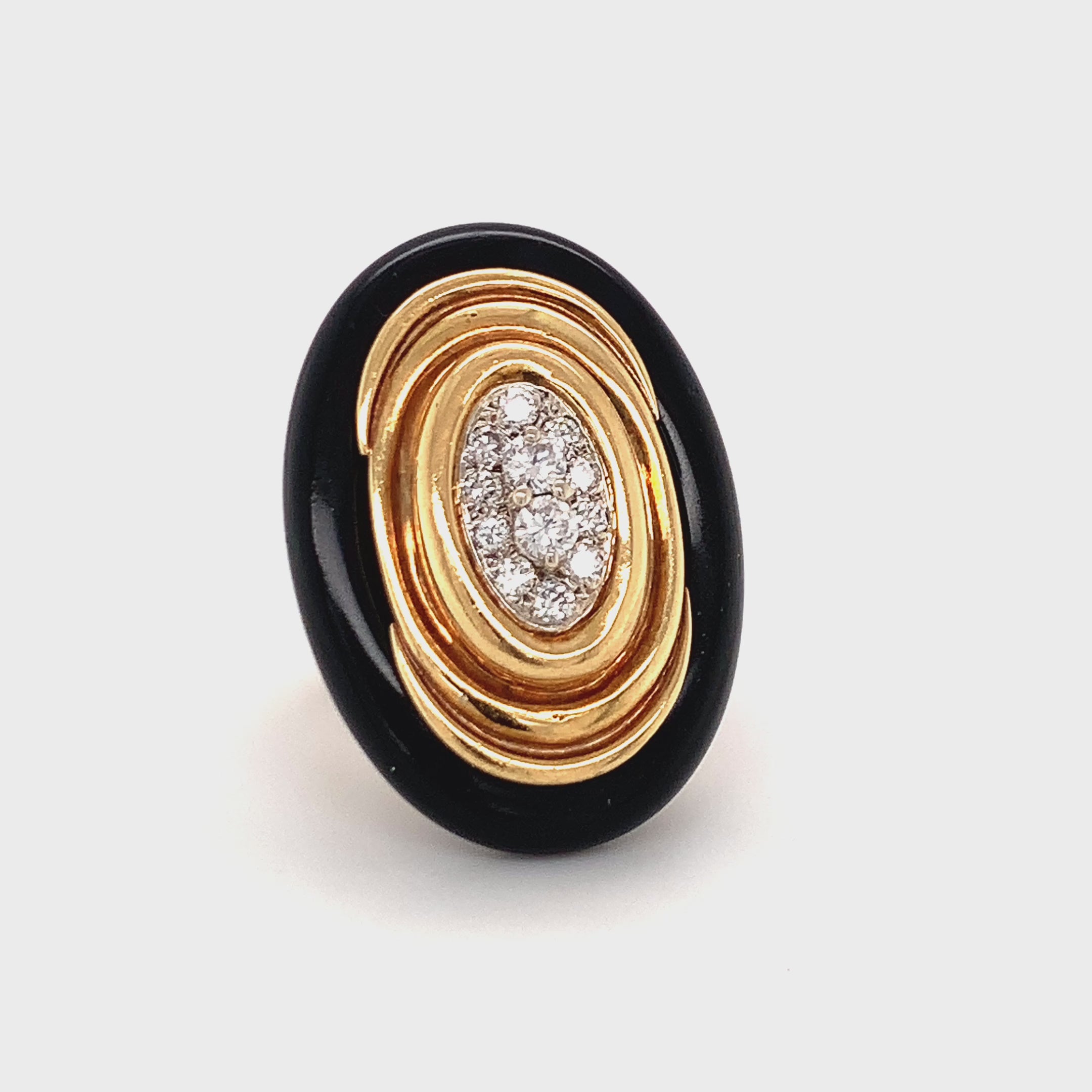 Emis Beros 18K Gold Diamond & Onyx Ring, Signed, Circa 1970s