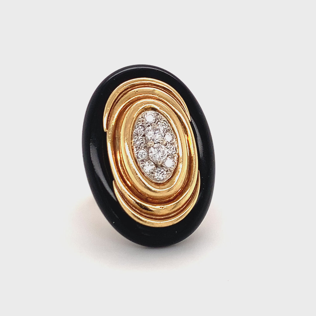 Emis Beros 18K Gold Diamond & Onyx Ring, Signed, Circa 1970s