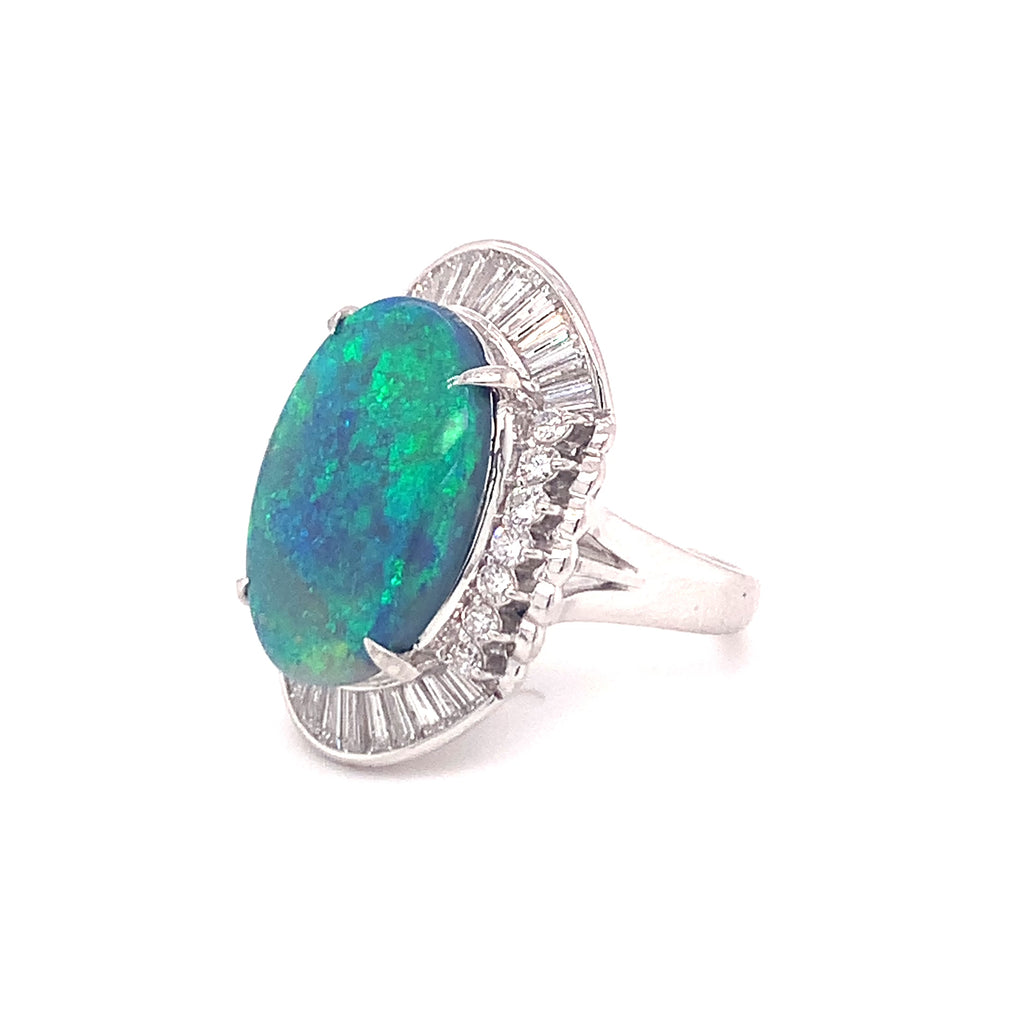Mid-Century Black Opal & 1.41ct Diamond Platinum Ring, 5.77ct, Circa 1950s