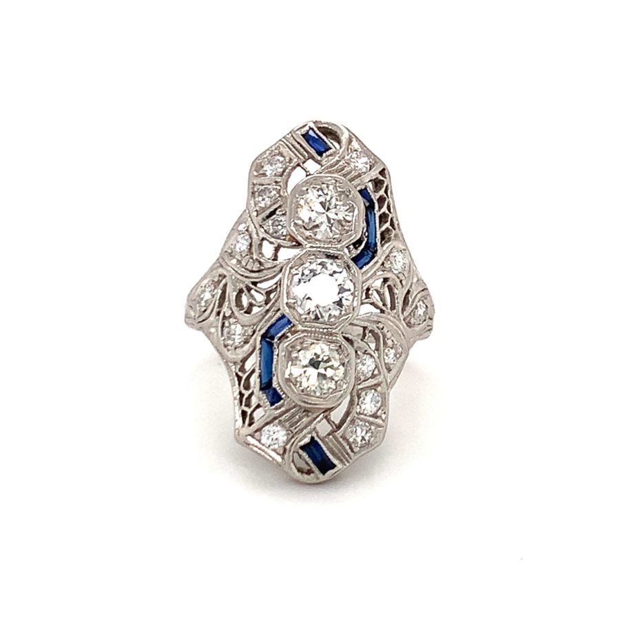 Art Deco, Platinum Diamond and Sapphire Ring from Recoleta Estate Jewelry