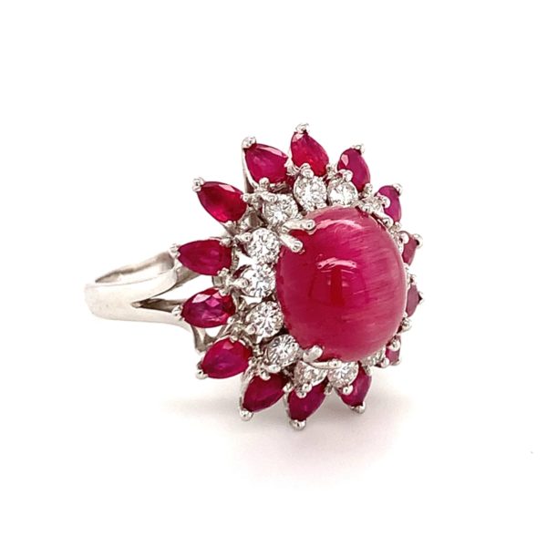 18K White Gold, Cat's Eye Tourmaline, Ruby, and Diamond Ring from Recoleta Estate Jewelry