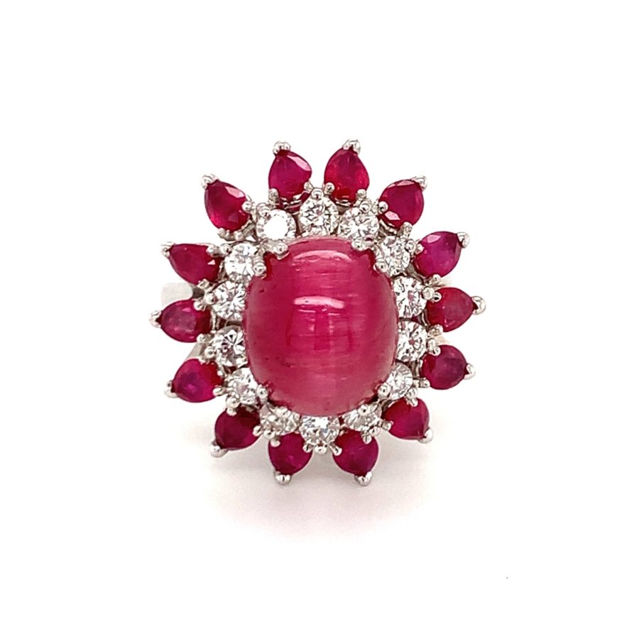 18K White Gold, Cat's Eye Tourmaline, Ruby, and Diamond Ring from Recoleta Estate Jewelry