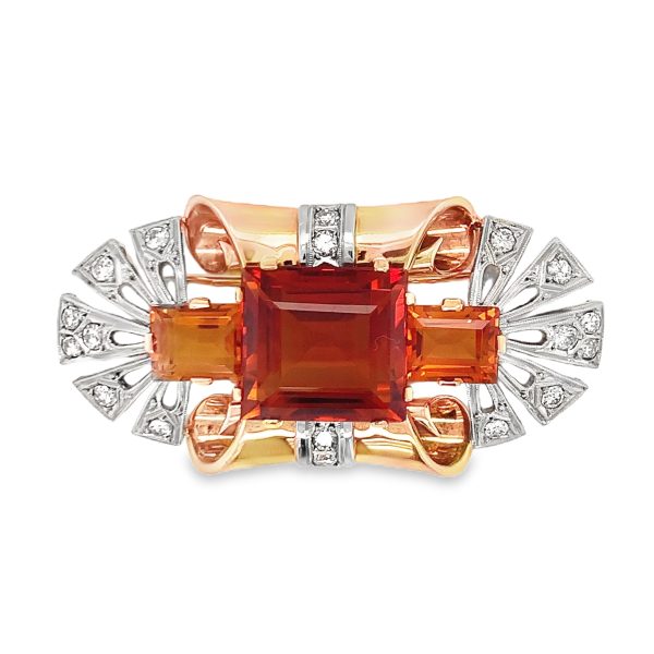 RETRO PERIOD CITRINE AND DIAMOND BROOCH IN 14K GOLD