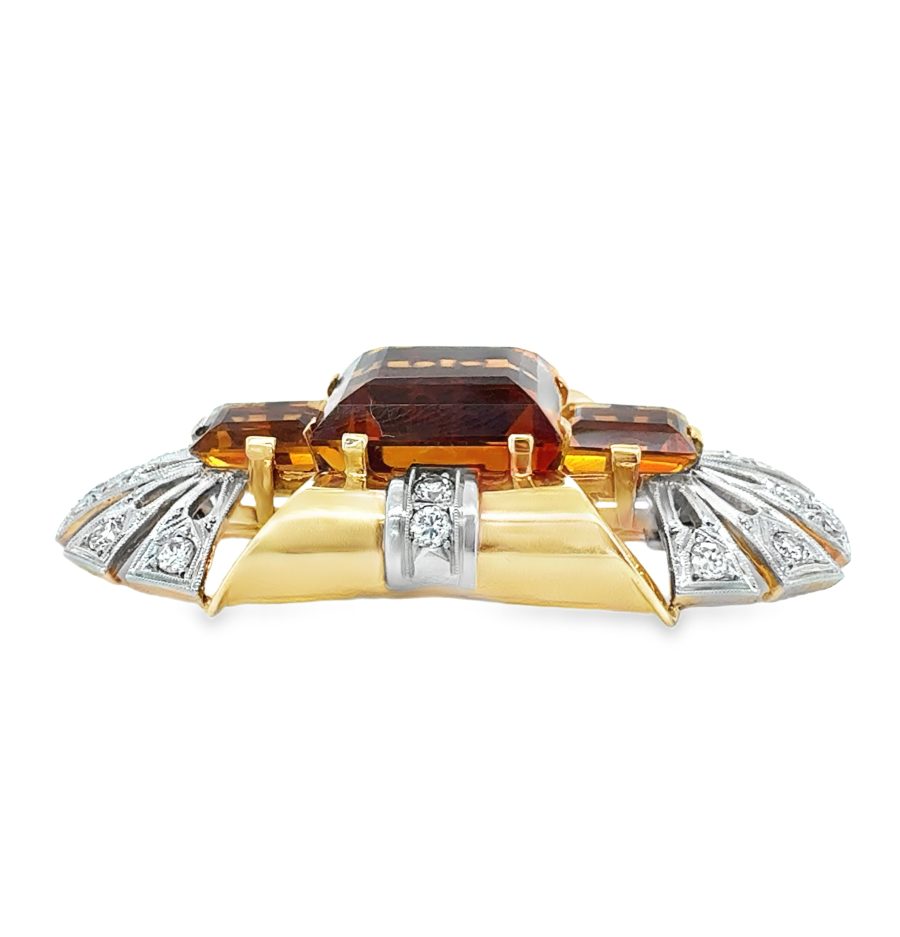 RETRO PERIOD CITRINE AND DIAMOND BROOCH IN 14K GOLD - Image 3