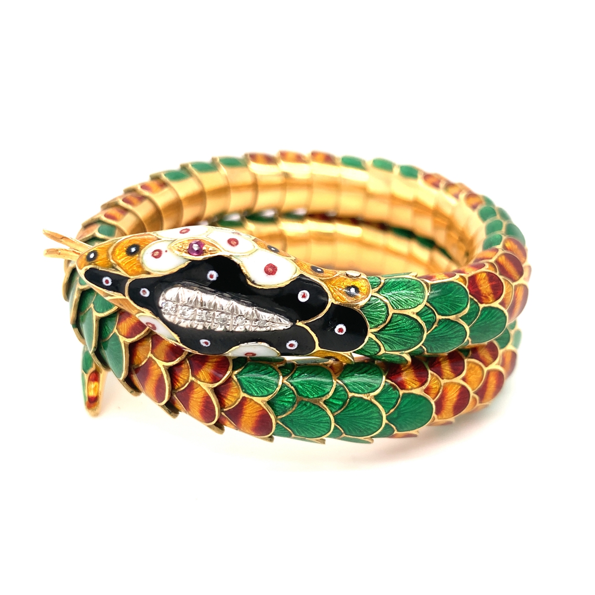 18 Karat Yellow Gold Snake Bracelet with Enamel