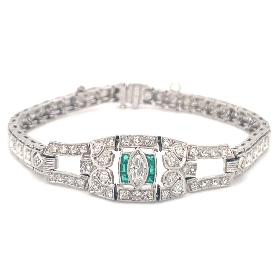 Art Deco, Platinum Diamond and Emerald Bracelet