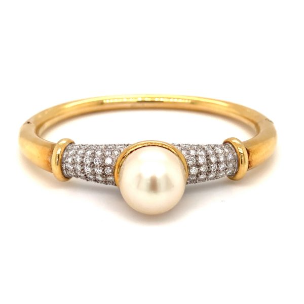 18K Yellow Gold, Diamond and South Sea Pearl Bangle Bracelet