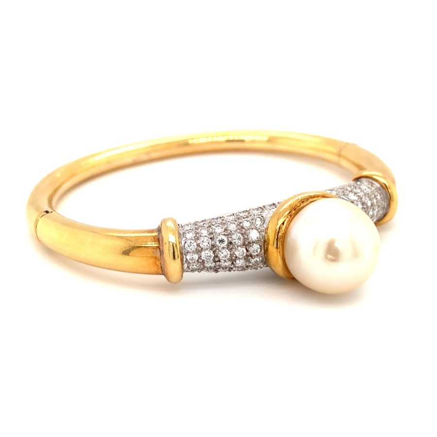 18K Yellow Gold, Diamond and South Sea Pearl Bangle Bracelet