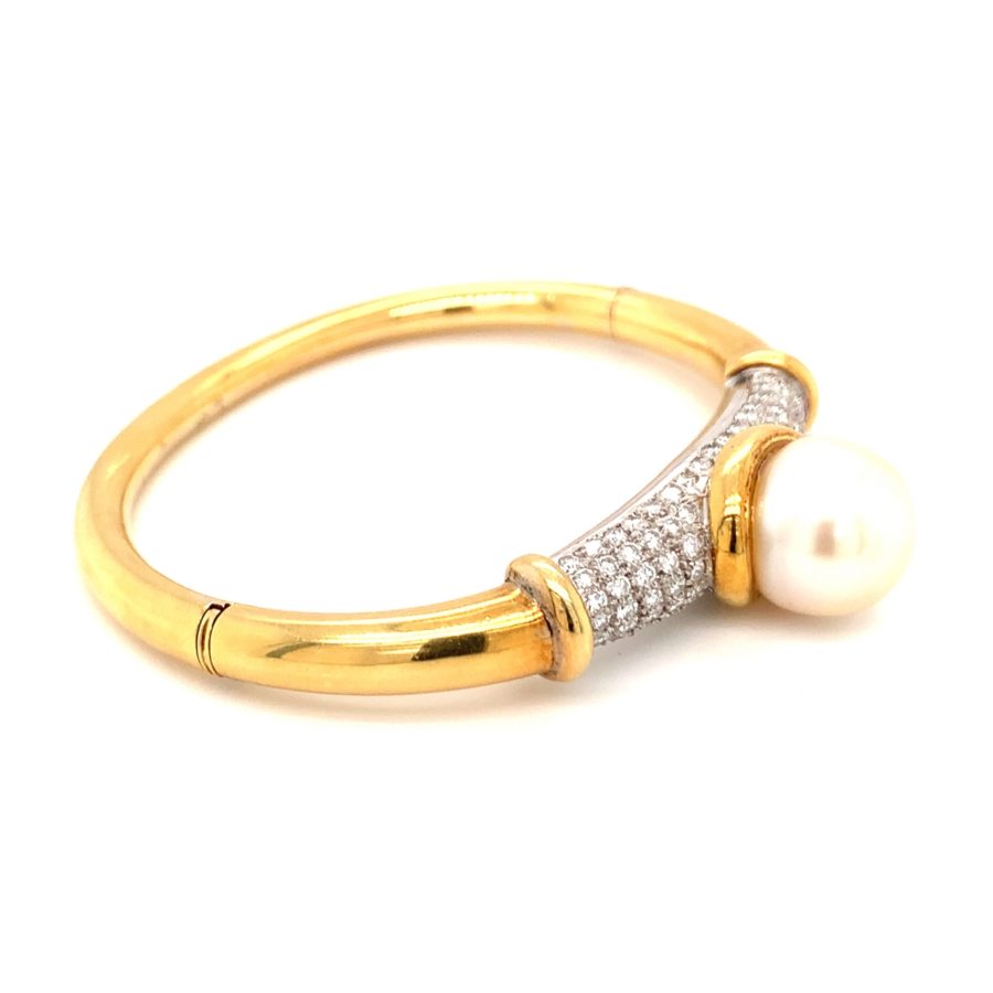 18K Yellow Gold, Diamond and South Sea Pearl Bangle Bracelet