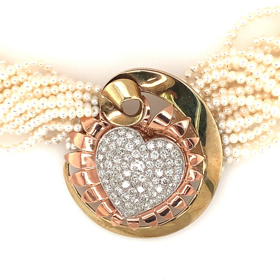 Retro 14K Yellow Gold, Rose Gold, and Platinum Diamond Pearl Necklace