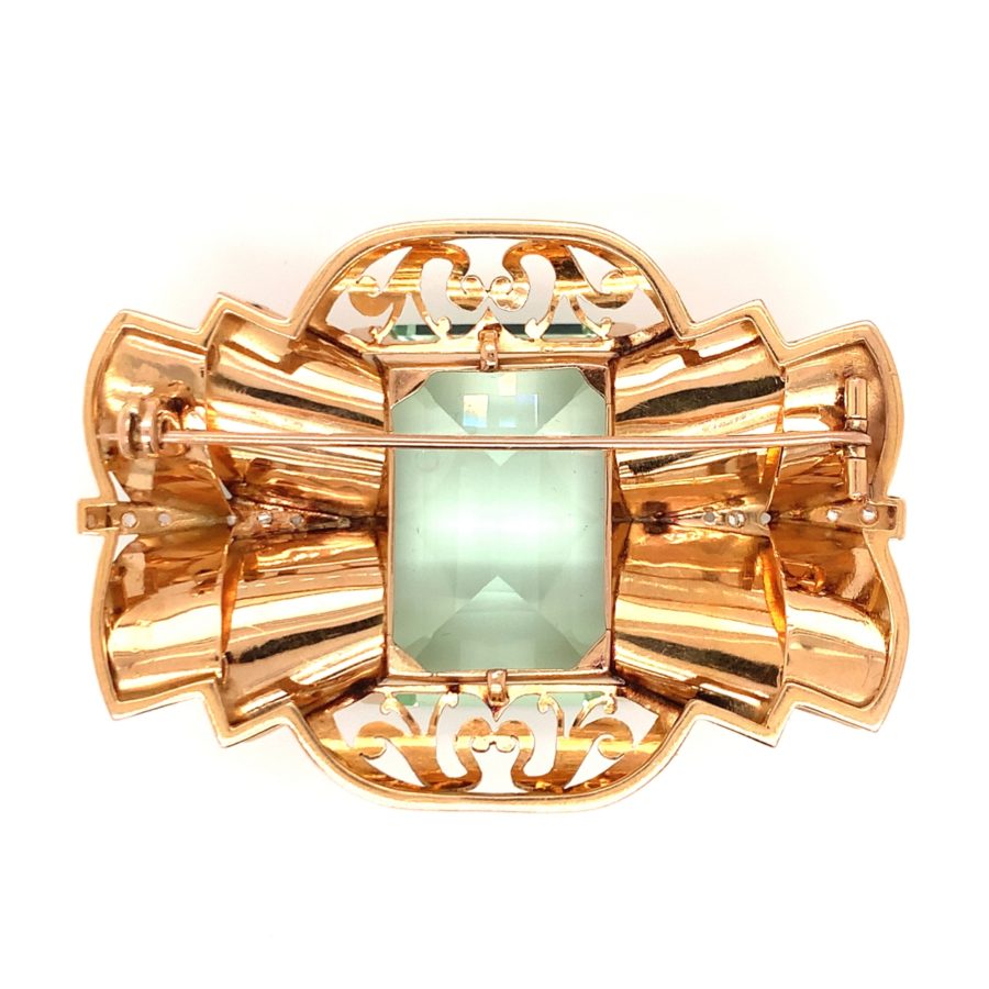 14K-RG GREEN BERYL AND DIAMOND BROOCH