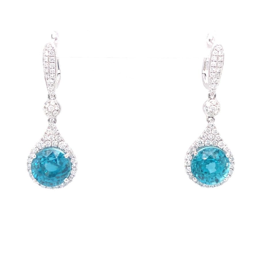 18K-WG BLUE ZIRCON AND DIAMOND DANGLE EARRINGS