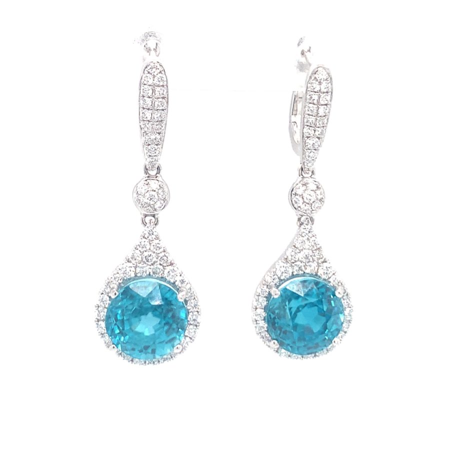 18K-WG BLUE ZIRCON AND DIAMOND DANGLE EARRINGS