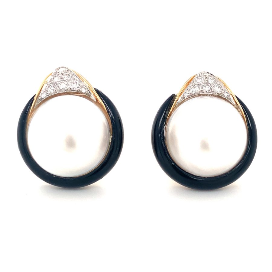 18K-YG MABE PEARL, DIAMOND AND ONYX EARCLIPS