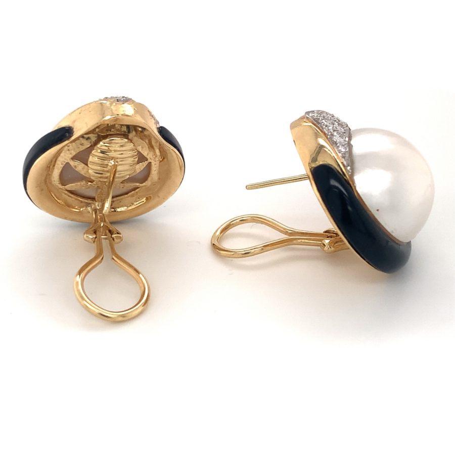 18K-YG MABE PEARL, DIAMOND AND ONYX EARCLIPS