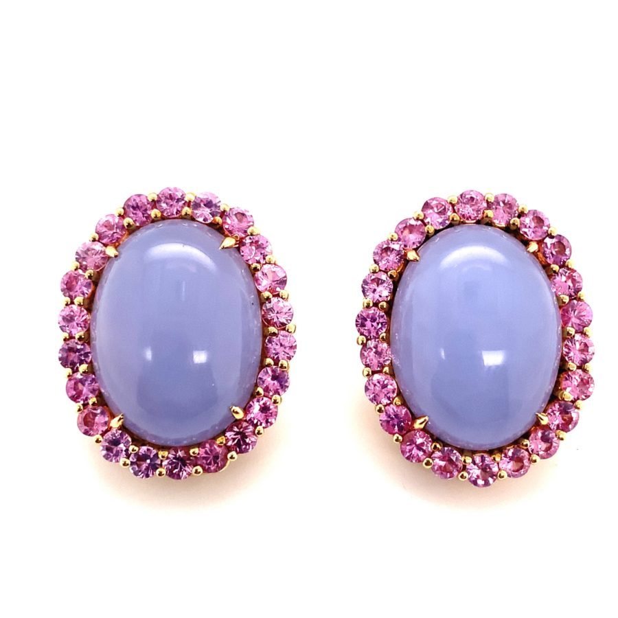 18K-YG LAVENDER CHALCEDONY AND PINK SAPPHIRE EARCLIPS