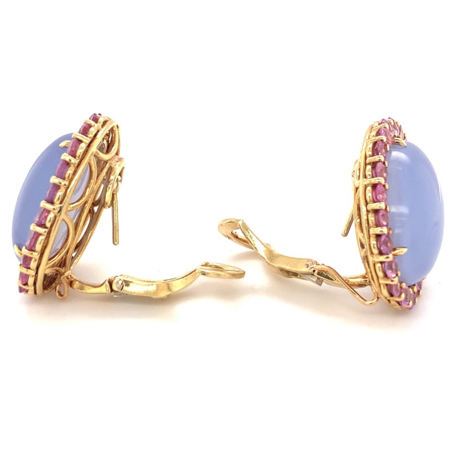 18K-YG LAVENDER CHALCEDONY AND PINK SAPPHIRE EARCLIPS