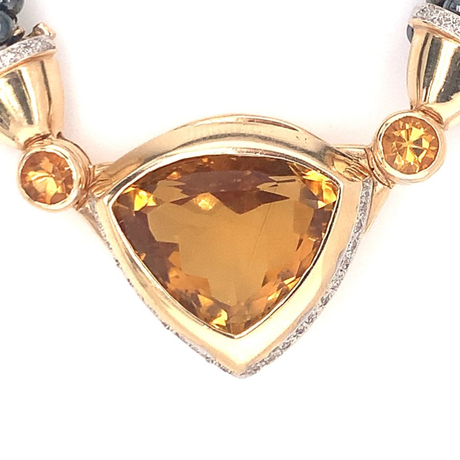 14K Yellow Gold Citrine, Diamond, and Hematite Necklace