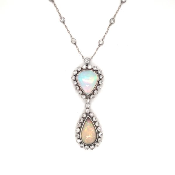 PLATINUM, 18K WHITE GOLD OPAL AND DIAMOND PENDANT