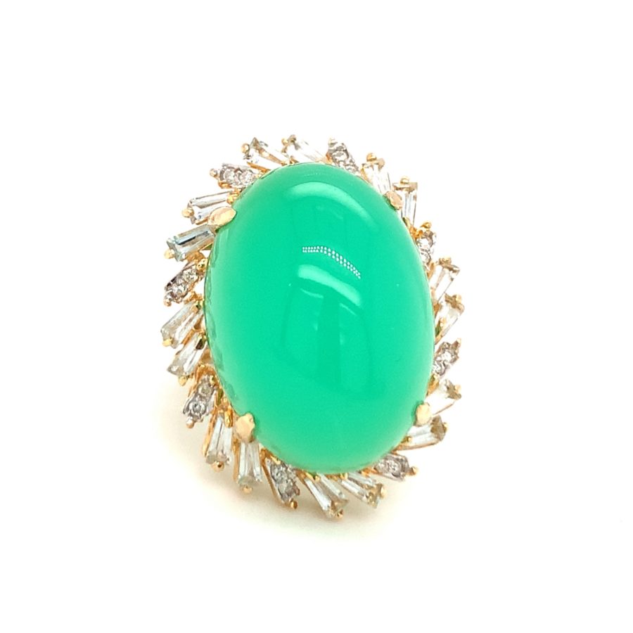 14K-YG Green Chrysoprase-Chalcedony and Diamond Ring