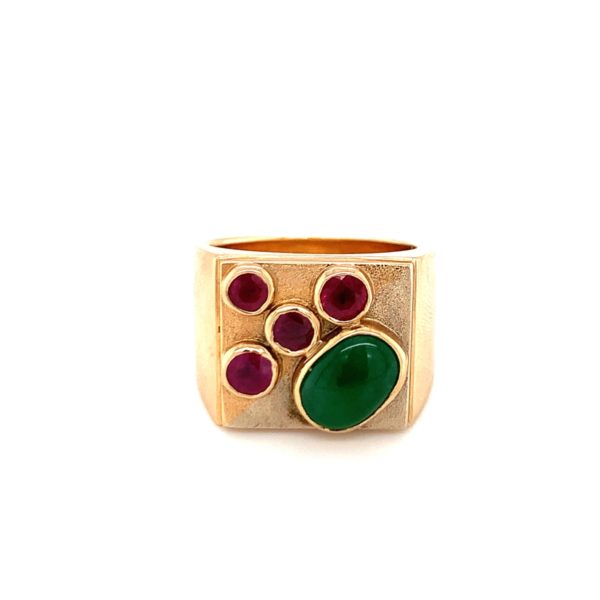 18K Yellow Gold, Jade and Ruby Ring