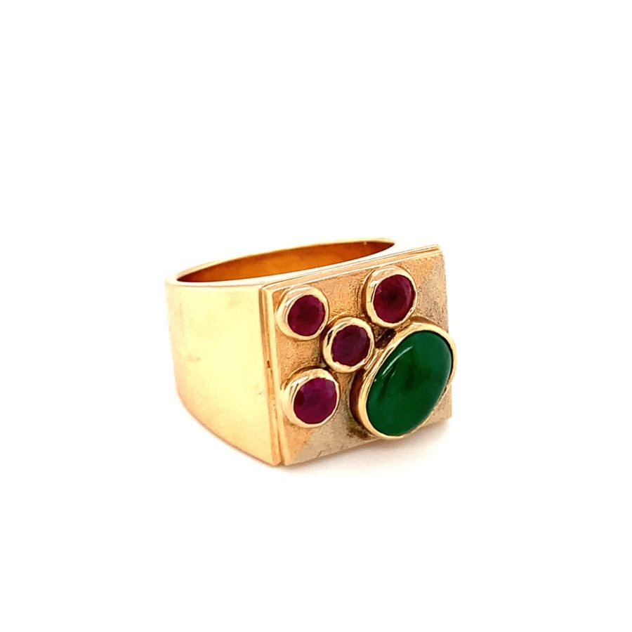 18K Yellow Gold, Jade and Ruby Ring