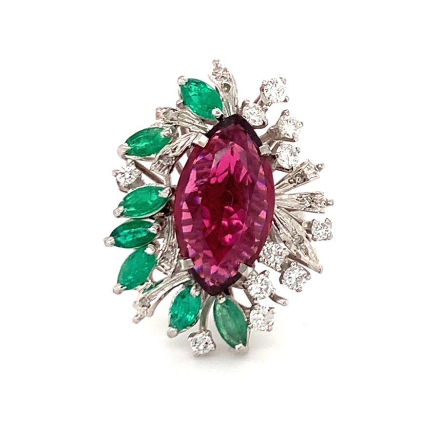 18K White Gold, Rubellite, Emerald, and Diamond Ring