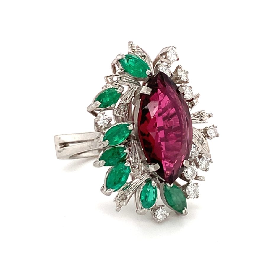 18K White Gold, Rubellite, Emerald, and Diamond Ring