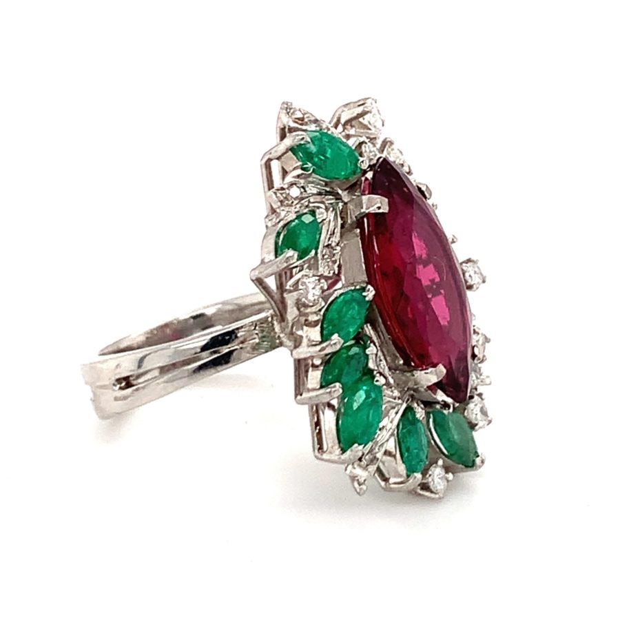 18K White Gold, Rubellite, Emerald, and Diamond Ring