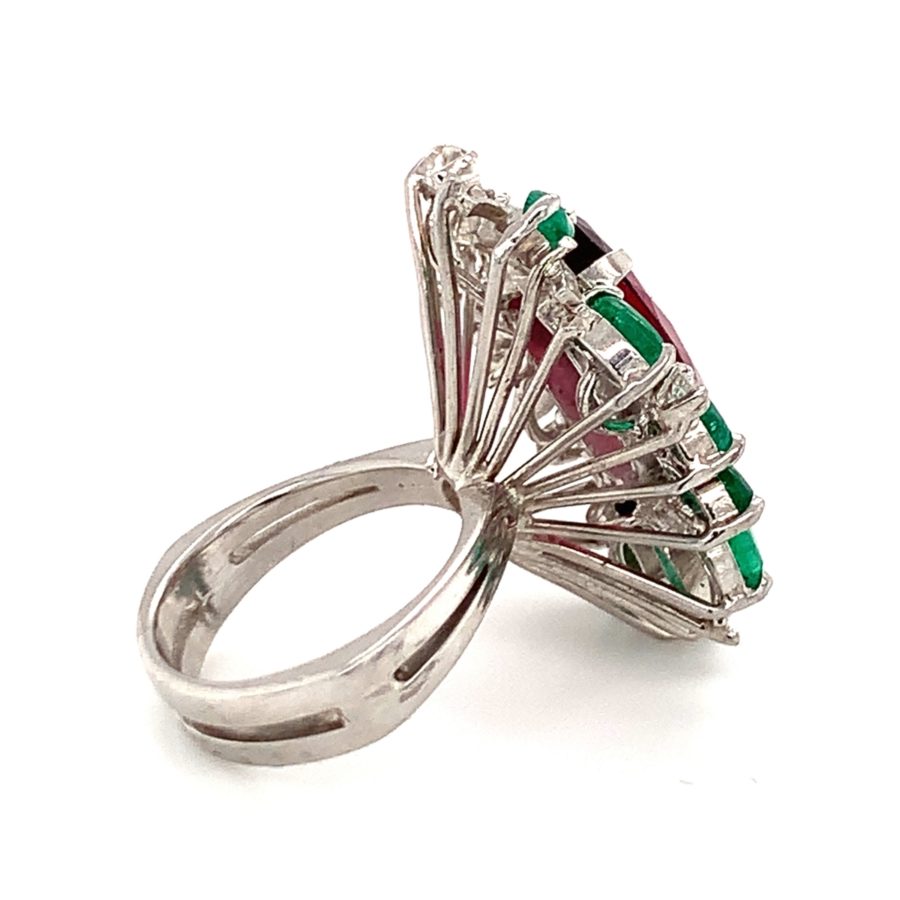 18K White Gold, Rubellite, Emerald, and Diamond Ring