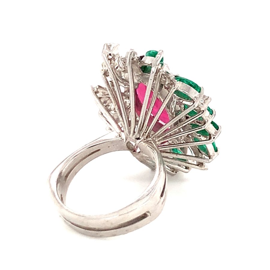 18K White Gold, Rubellite, Emerald, and Diamond Ring