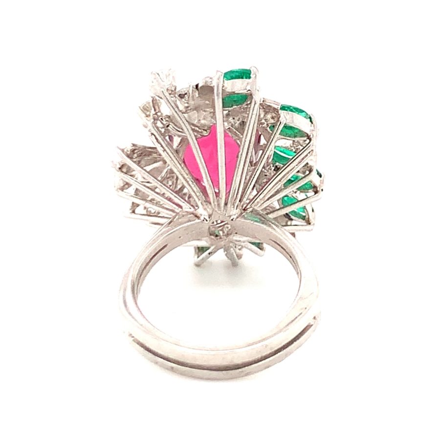 18K White Gold, Rubellite, Emerald, and Diamond Ring