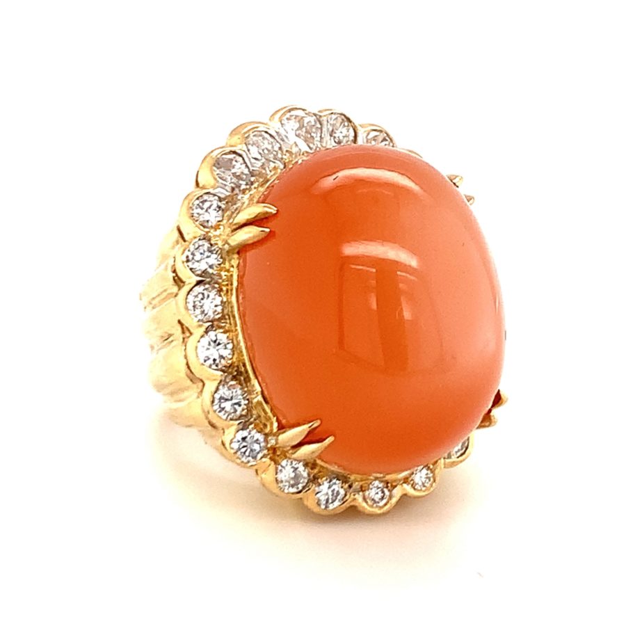 18K-YG PEACH MOONSTONE AND DIAMOND DOME RING