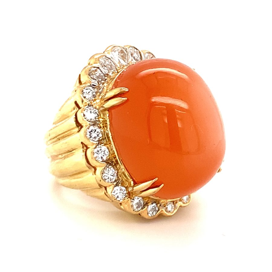 18K-YG PEACH MOONSTONE AND DIAMOND DOME RING