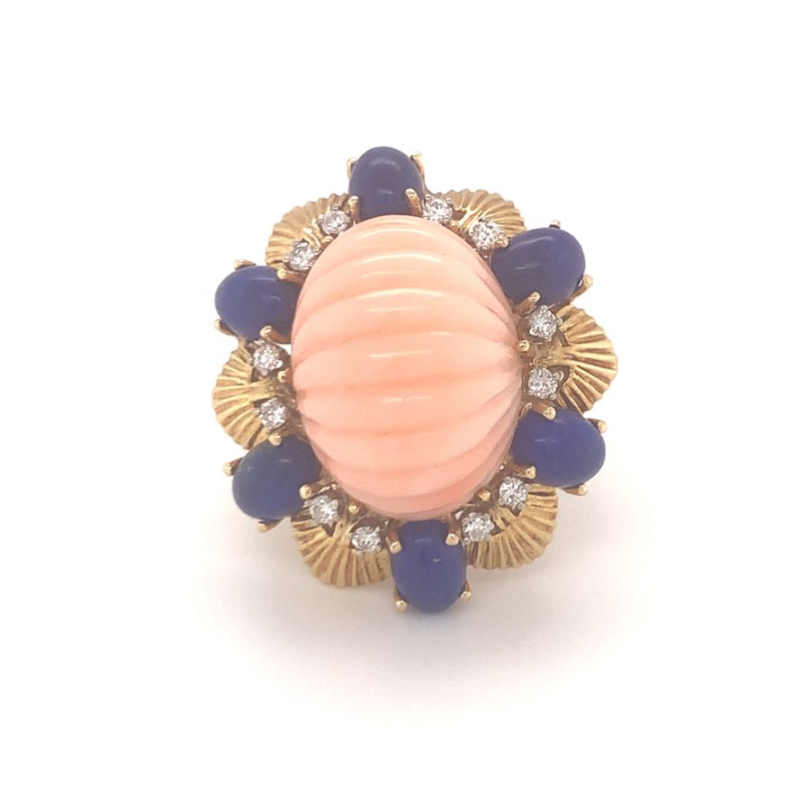 18K YELLOW GOLD PINK CORAL, LAPIS LAZULI, AND DIAMOND RING