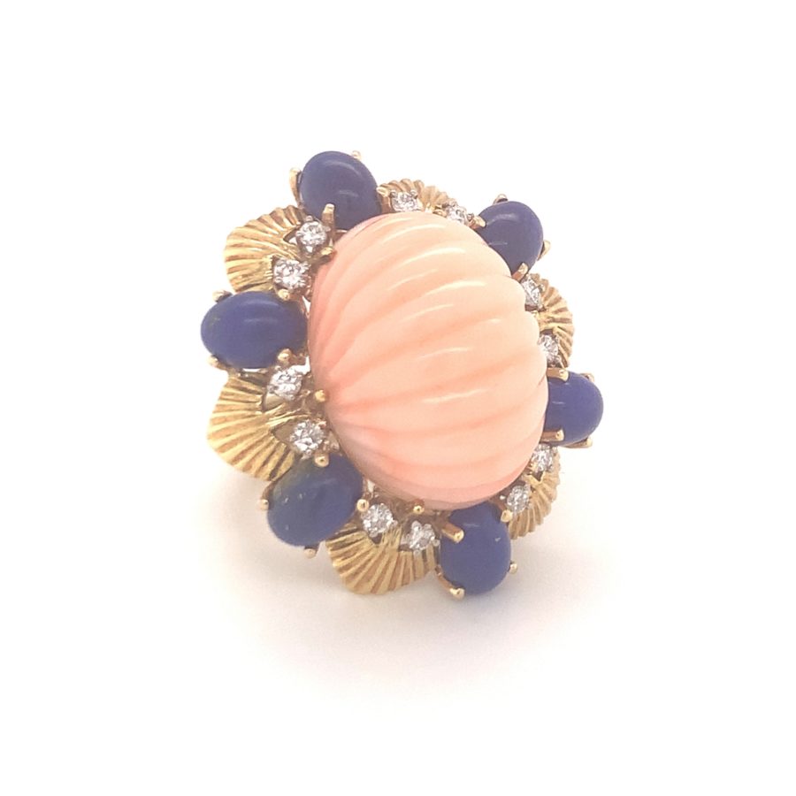 18K YELLOW GOLD PINK CORAL, LAPIS LAZULI, AND DIAMOND RING