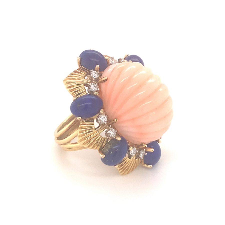 18K YELLOW GOLD PINK CORAL, LAPIS LAZULI, AND DIAMOND RING