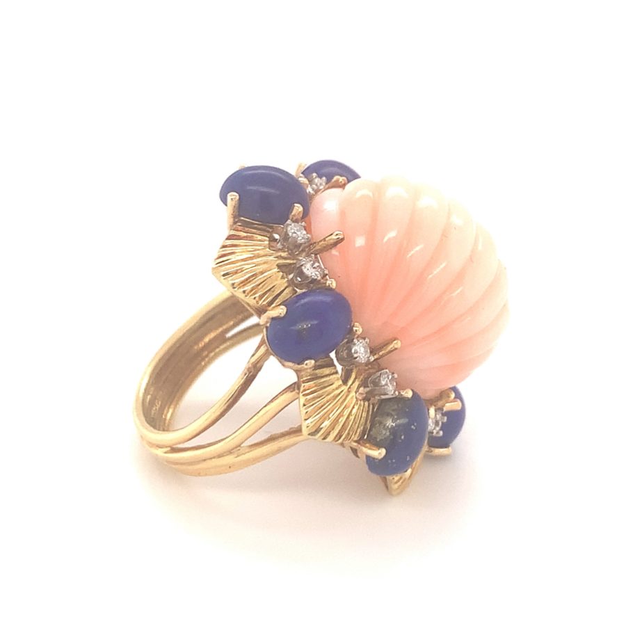 18K YELLOW GOLD PINK CORAL, LAPIS LAZULI, AND DIAMOND RING