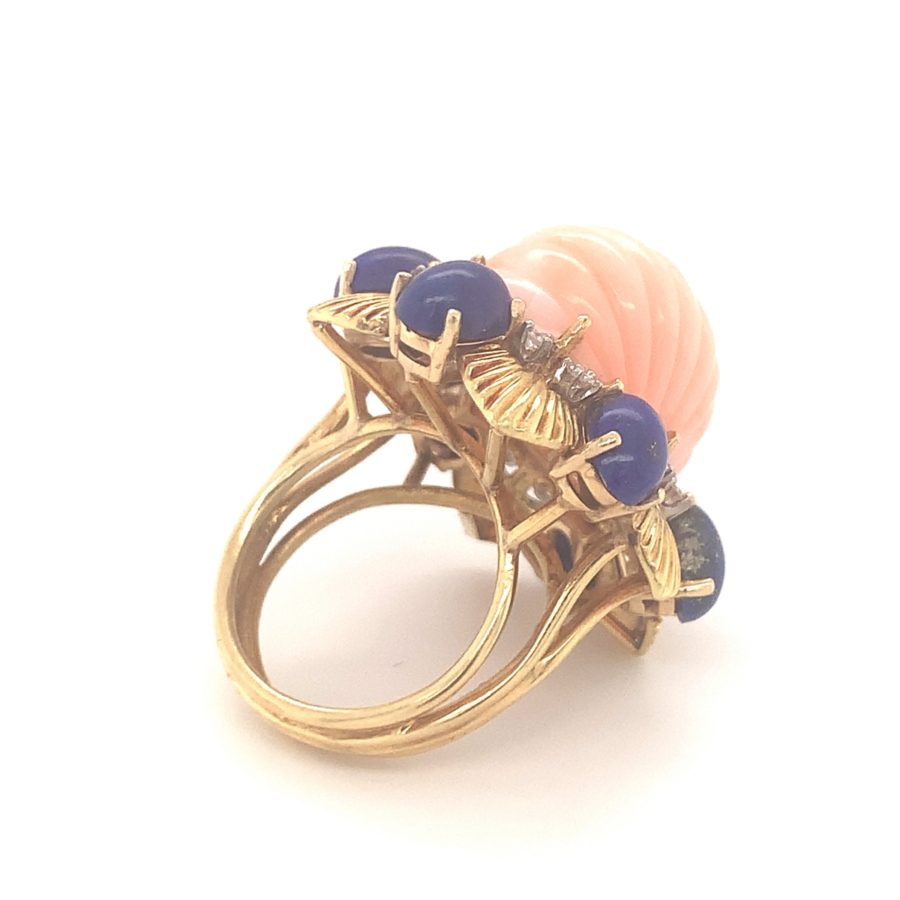 18K YELLOW GOLD PINK CORAL, LAPIS LAZULI, AND DIAMOND RING