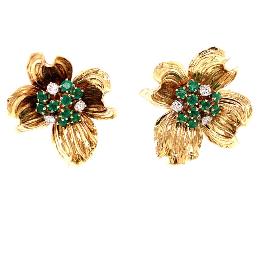 18K YELLOW GOLD EMERALD AND DIAMOND FLOWER EARCLIPS