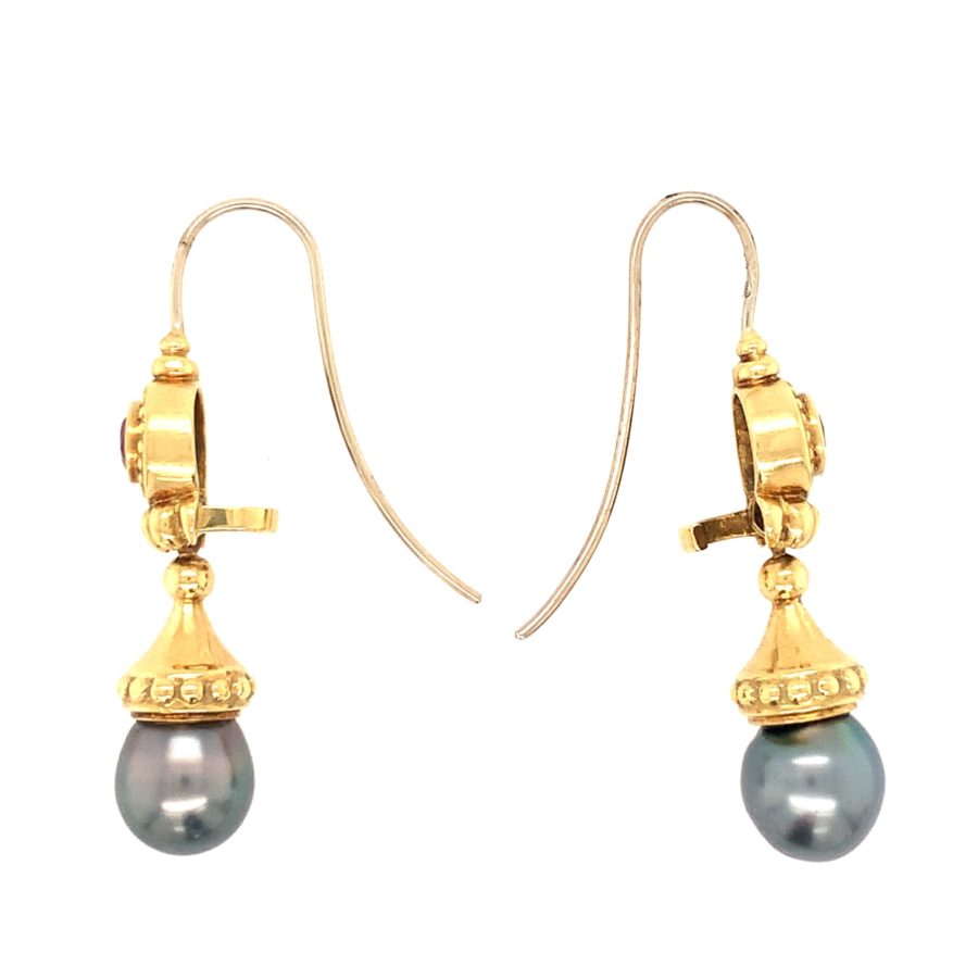 18K Yellow Gold Pearl and Garnet Dangling Earrings