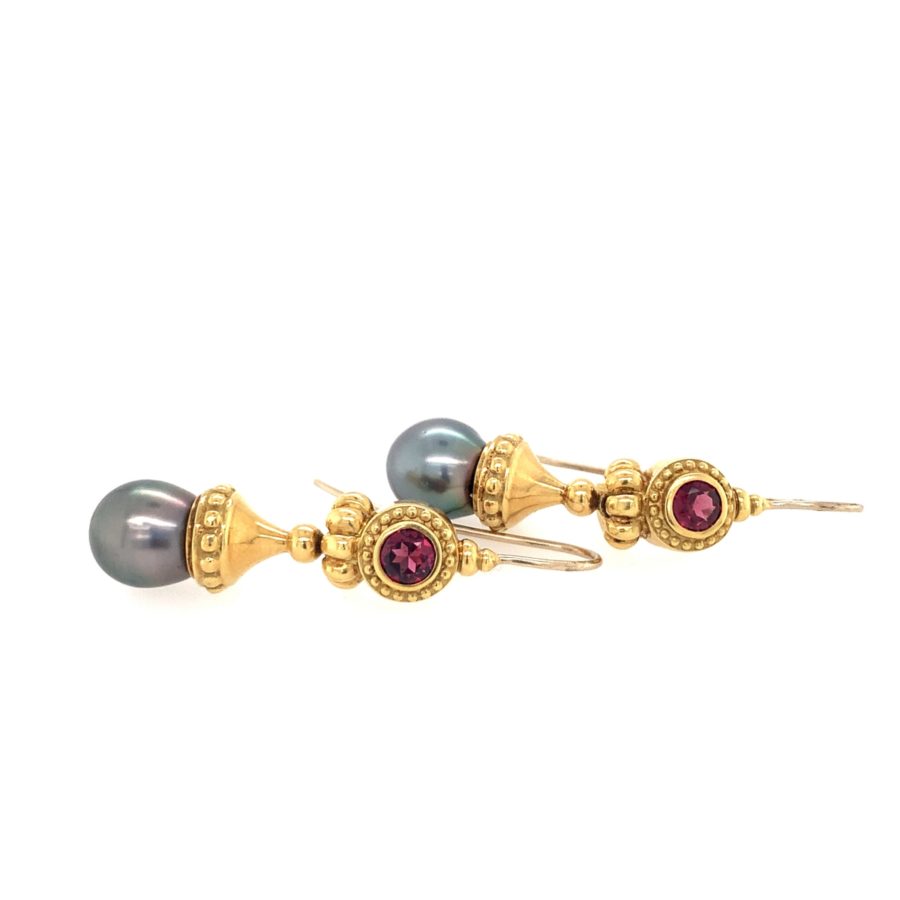 18K Yellow Gold Pearl and Garnet Dangling Earrings