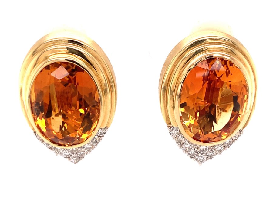 18K Yellow Gold Citrine and Diamond Earclips