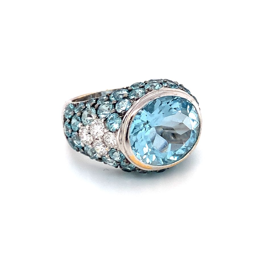 18K-WG AQUAMARINE, BLUE ZIRCON AND DIAMOND RING