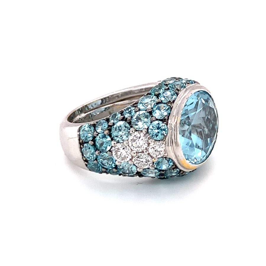 18K-WG AQUAMARINE, BLUE ZIRCON AND DIAMOND RING