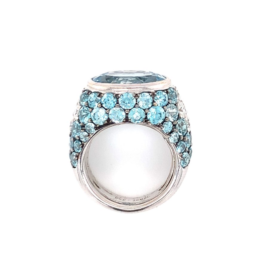 18K-WG AQUAMARINE, BLUE ZIRCON AND DIAMOND RING