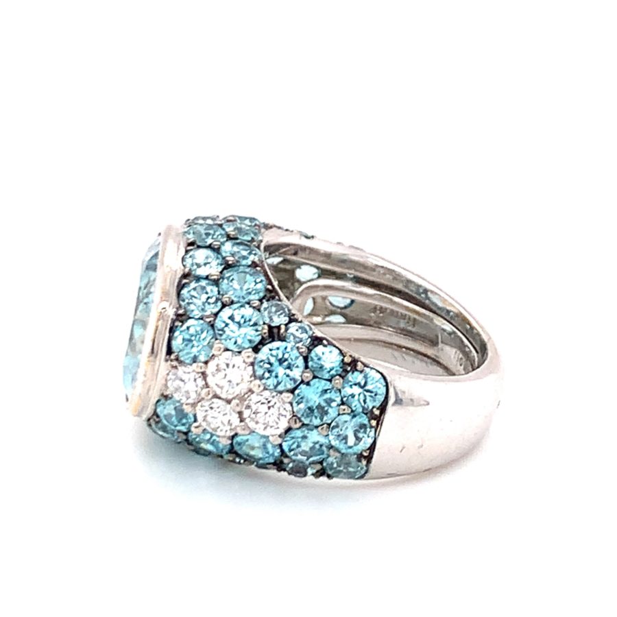 18K-WG AQUAMARINE, BLUE ZIRCON AND DIAMOND RING