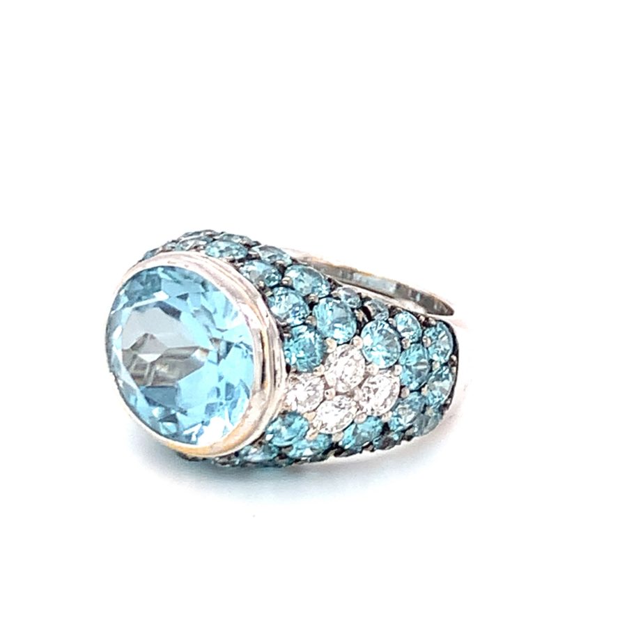 18K-WG AQUAMARINE, BLUE ZIRCON AND DIAMOND RING