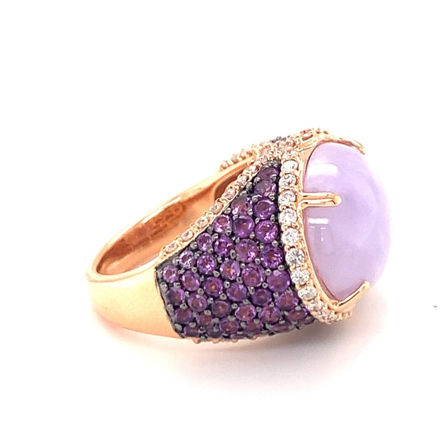 18K-RG LAVENDER JADEITE, AMETHYST AND DIAMOND RING