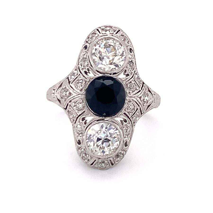 PLATINUM DIAMOND AND ONYX FILIGREE RING